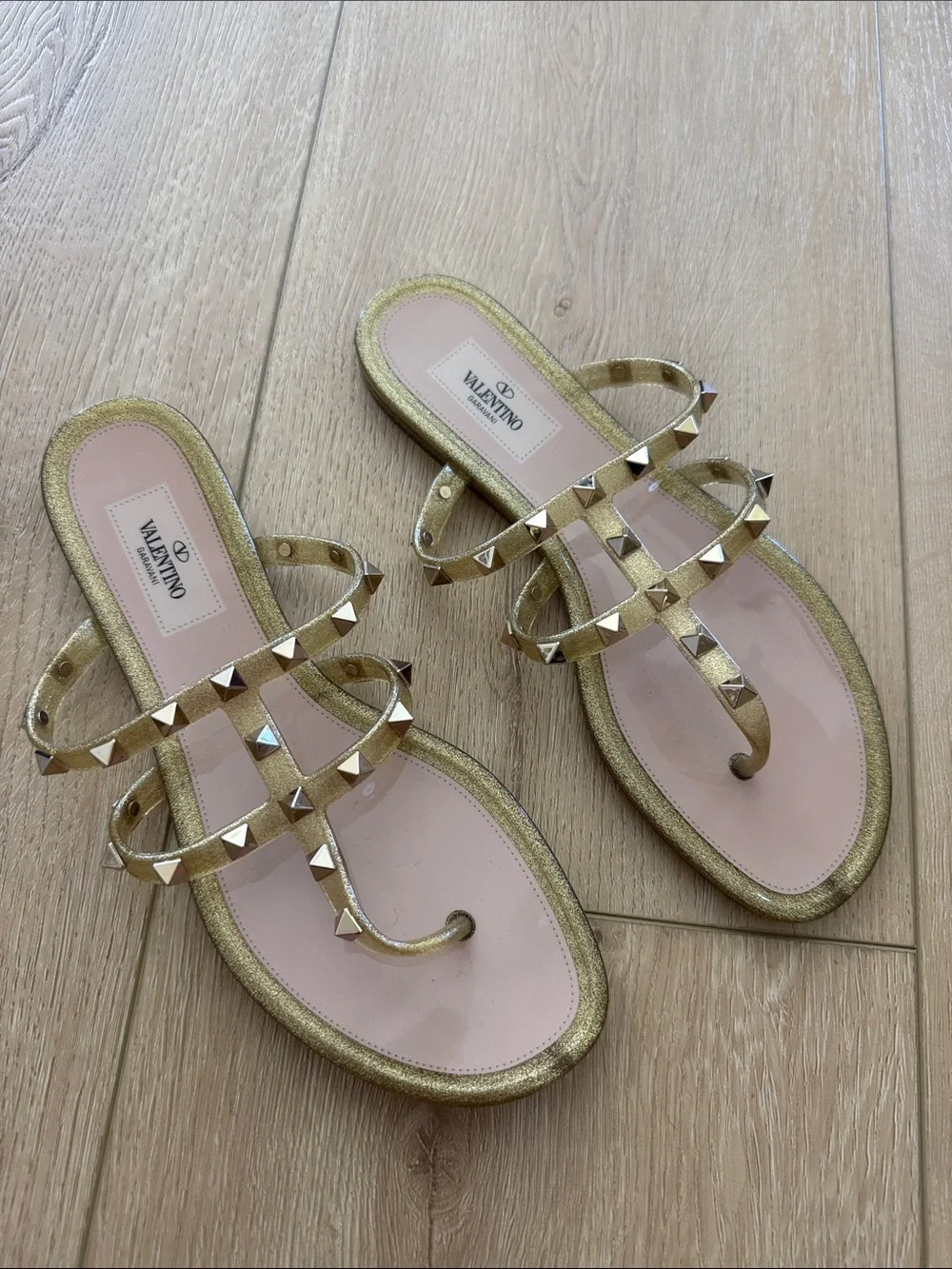 Valentino Metallic Gold Rockstud Strappy Toe-Loop Sandals